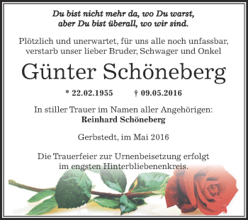 Traueranzeige von Günter Schöneberg von Wochenspiegel Mansfelder Land