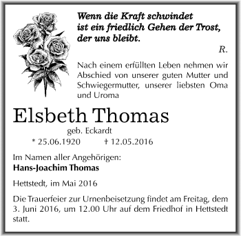 Traueranzeige von Elsbeth Thomas von Mitteldeutsche Zeitung Mansfelder Land