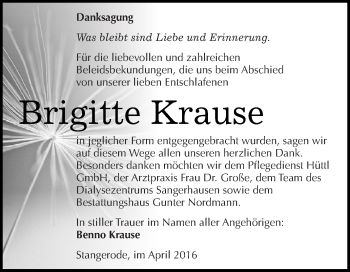 Traueranzeige von Brigitte Krause von Wochenspiegel Mansfelder Land