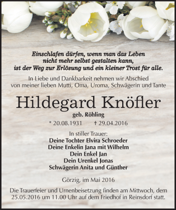 Traueranzeige von Hildegard Knöfler von Mitteldeutsche Zeitung Köthen