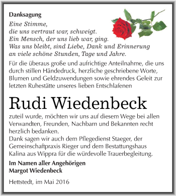 Traueranzeige von Rudi Wiedenbeck von Wochenspiegel Mansfelder Land