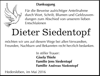 Traueranzeige von Dieter Siedentopf von Mitteldeutsche Zeitung Quedlinburg