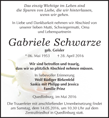 Traueranzeige von Gabriele Schwarze von Mitteldeutsche Zeitung Quedlinburg