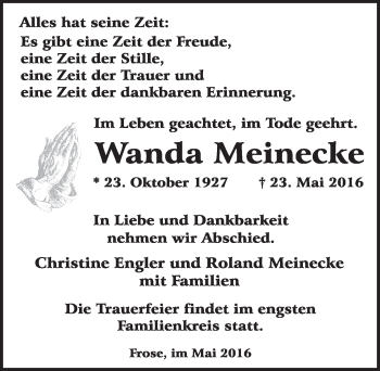 Traueranzeige von Wanda Meinecke von Mitteldeutsche Zeitung Aschersleben