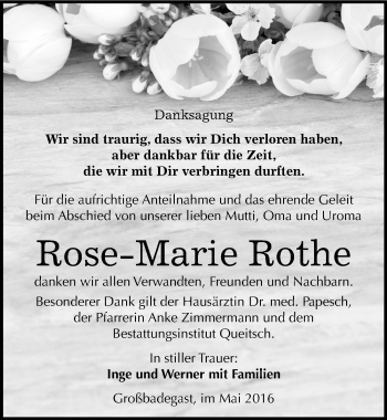 Traueranzeige von Rose-Marie Rothe von Mitteldeutsche Zeitung Köthen
