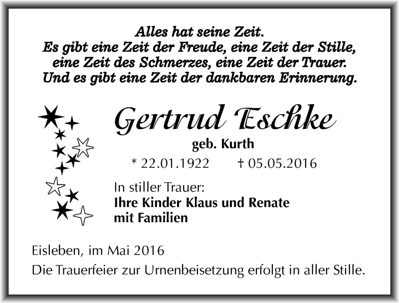  Traueranzeige für Gertrud Eschke vom 14.05.2016 aus Mitteldeutsche Zeitung Mansfelder Land