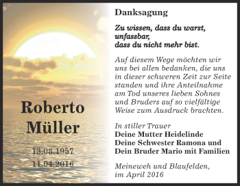 Traueranzeige von Roberto Müller von Super Sonntag Zeitz