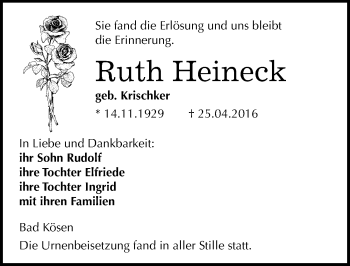 Traueranzeige von Ruth Heineck von Mitteldeutsche Zeitung Naumburg/Nebra