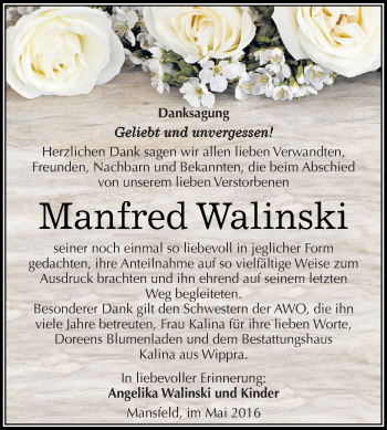 Traueranzeige von Manfred Walinski von Super Sonntag SGH Mansf. Land