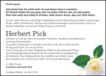 Traueranzeige von Herbert Pick von Mitteldeutsche Zeitung Köthen