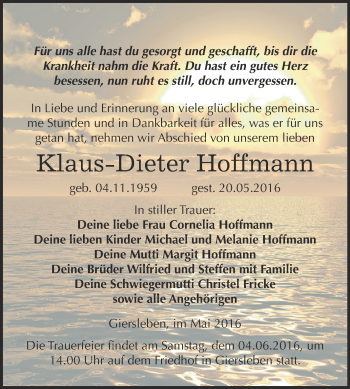 Traueranzeige von Klaus-Dieter Hoffmann von Super Sonntag Aschersleben