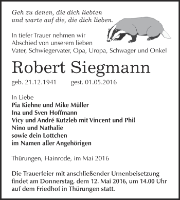 Traueranzeige von Robert Siegmann von Super Sonntag SGH Mansf. Land