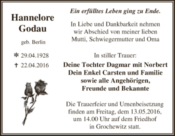 Traueranzeige von Hannelore Godau von WVG - Wochenspiegel Dessau / Köthen
