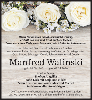Traueranzeige von Manfred Walinski von Mitteldeutsche Zeitung Mansfelder Land
