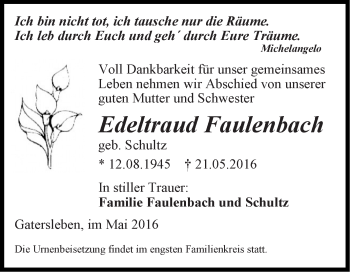 Traueranzeige von Edeltraud Faulenbach von Super Sonntag Aschersleben