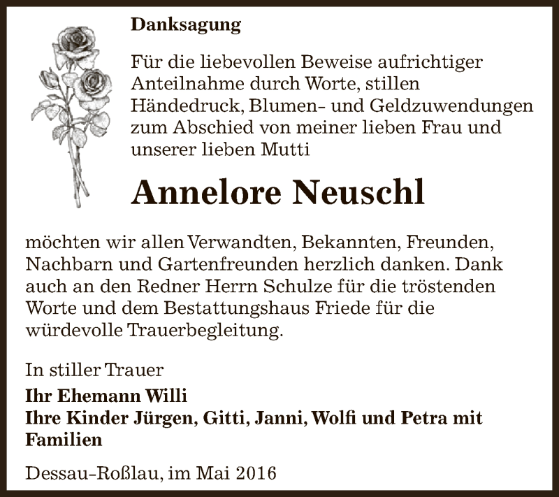  Traueranzeige für Annelore Neuschl vom 28.05.2016 aus WVG - Wochenspiegel Dessau / Köthen