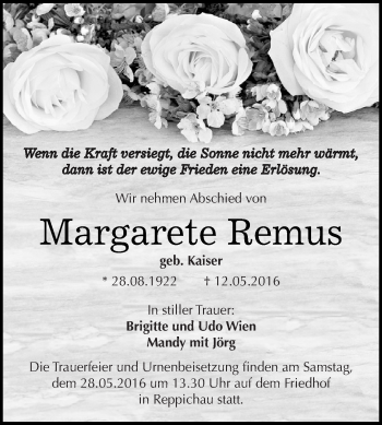 Traueranzeige von Margarete Remus von WVG - Wochenspiegel Dessau / Köthen