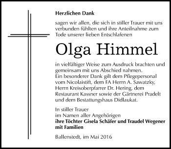 Traueranzeige von Olga Himmel von Mitteldeutsche Zeitung Quedlinburg