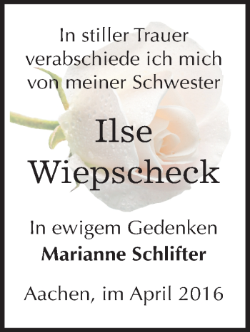 Traueranzeige von Ilse Wiepscheck von Mitteldeutsche Zeitung Quedlinburg