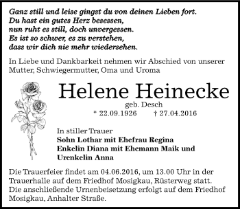 Traueranzeige von Helene Heinecke von Mitteldeutsche Zeitung Dessau-Roßlau