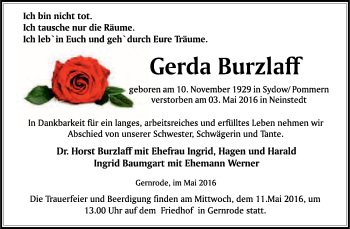Traueranzeige von Gerda Burzlaff von WVG - Wochenspiegel Quedlinburg
