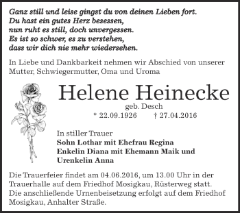 Traueranzeige von Helene Heinecke von WVG - Wochenspiegel Dessau / Köthen
