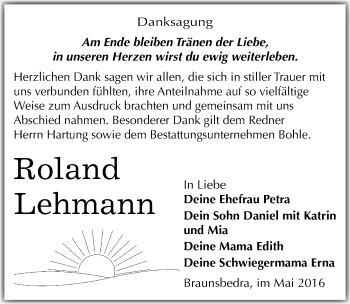 Traueranzeige von Roland Lehmann von Mitteldeutsche Zeitung Merseburg/Querfurt