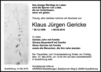 Traueranzeige von Klaus Jürgen Gericke von Mitteldeutsche Zeitung Quedlinburg