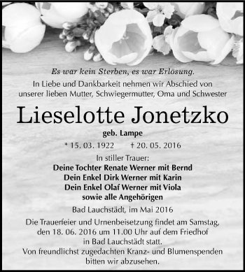 Traueranzeige von Lieselotte Jonetzko von WVG - Wochenspiegel Merseburg