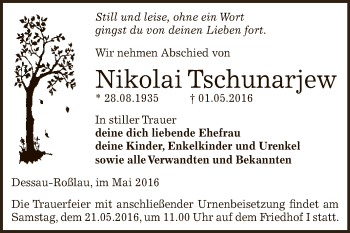 Traueranzeige von Nikolai Tschunarjew von WVG - Wochenspiegel Dessau / Köthen