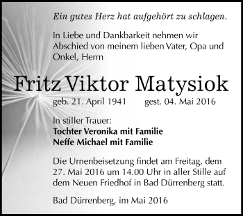 Traueranzeige von Fritz Viktor Matysiok von WVG - Wochenspiegel Merseburg