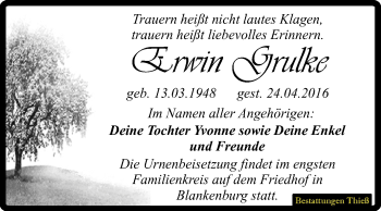 Traueranzeige von Erwin Grulke von Super Sonntag Quedlinburg