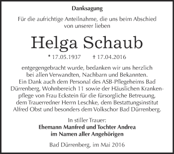 Traueranzeige von Helga Schaub von Super Sonntag Merseburg