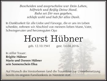 Traueranzeige von Horst Hübner von Mitteldeutsche Zeitung Mansfelder Land