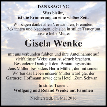Traueranzeige von Gisela Wenke von Super Sonntag Aschersleben