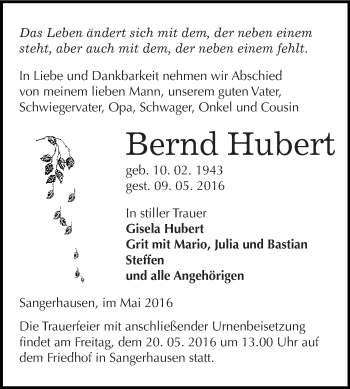 Traueranzeige von Bernd Hubert von WVG - Wochenspiegel SGH