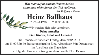 Traueranzeige von Heinz Ballhaus von WVG - Wochenspiegel Dessau / Köthen