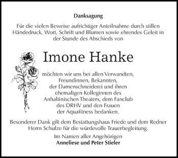 Traueranzeige von Imone Hanke von WVG - Wochenspiegel Dessau / Köthen