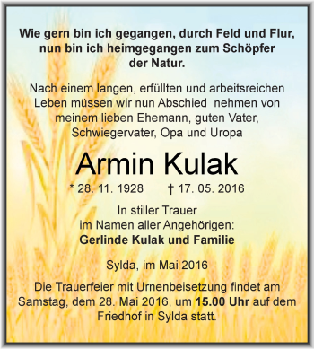Traueranzeige von Armin Kulak von Wochenspiegel Mansfelder Land