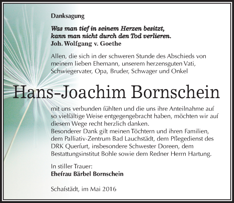  Traueranzeige für Hans-Joachim Bornschein vom 14.05.2016 aus Mitteldeutsche Zeitung Merseburg/Querfurt