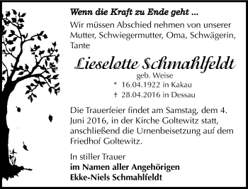 Traueranzeige von Lieselotte Schmahlfeldt von Mitteldeutsche Zeitung Dessau-Roßlau
