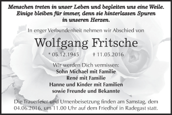 Traueranzeige von Wolfgang Fritsche von WVG - Wochenspiegel Dessau / Köthen
