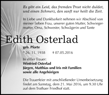 Traueranzeige von Edith Osterlad von Mitteldeutsche Zeitung Halle/Saalkreis