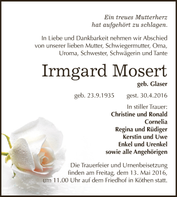 Traueranzeige von Irmgard Mosert von WVG - Wochenspiegel Dessau / Köthen