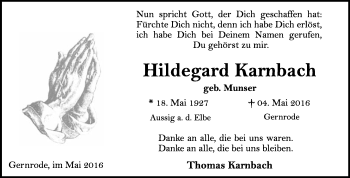 Traueranzeige von Hildegard Karnbach von WVG - Wochenspiegel Quedlinburg