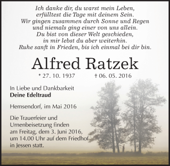 Traueranzeige von Alfred Ratzek von Mitteldeutsche Zeitung Wittenberg