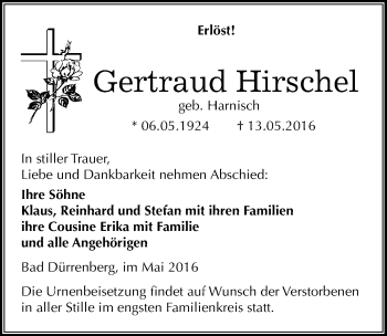 Traueranzeige von Gertraud Hirschel von Mitteldeutsche Zeitung Merseburg/Querfurt