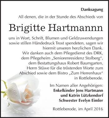 Traueranzeige von Brigitte Hartmann von Mitteldeutsche Zeitung Sangerhausen