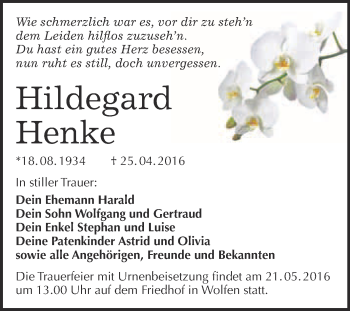 Traueranzeige von Hildegard Henke von WVG - Wochenspiegel Bitterfeld
