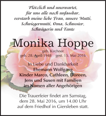 Traueranzeige von Monika Hoppe von Mitteldeutsche Zeitung Aschersleben